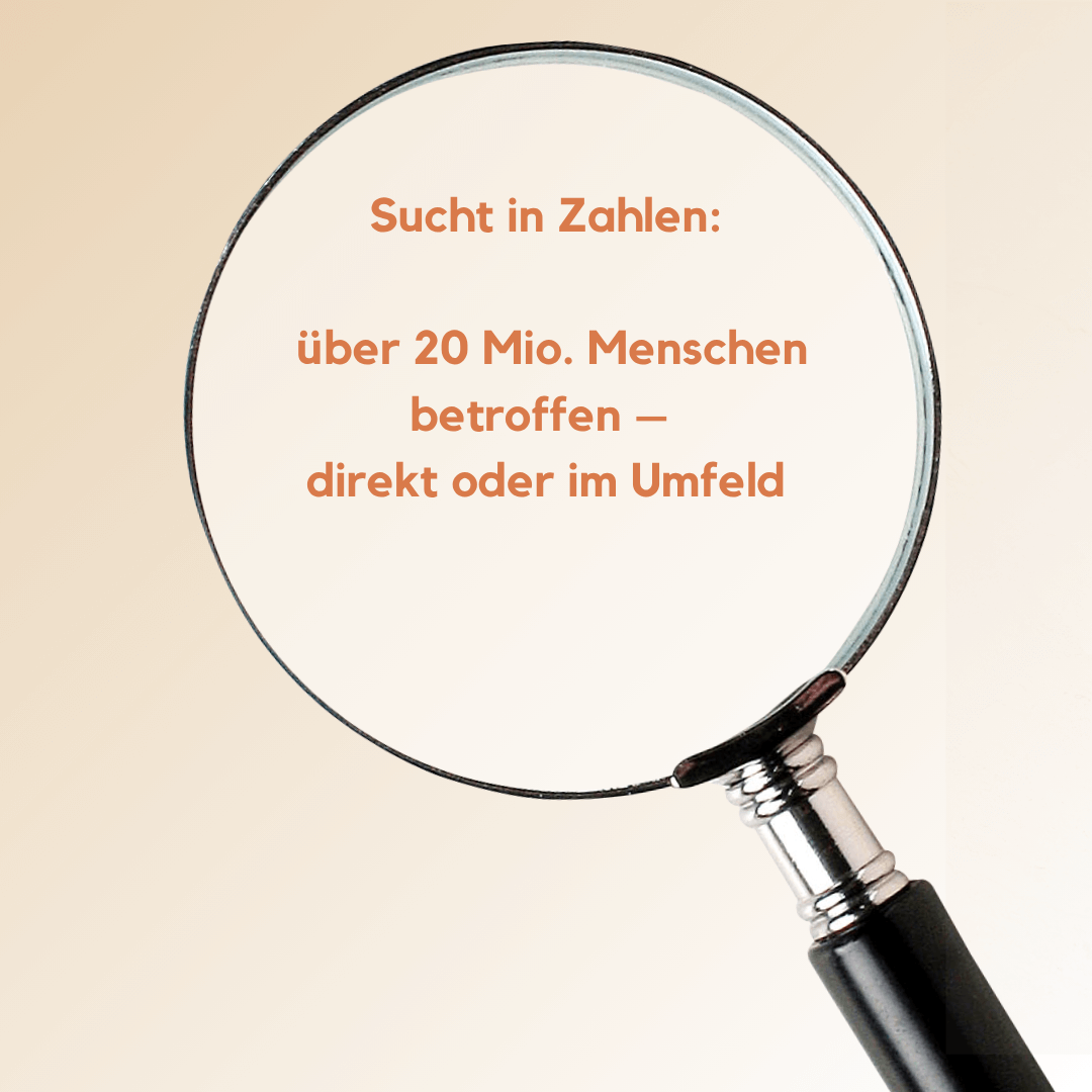 Eine Lupe mit dem Schriftzug: „Sucht in Zahlen – über 20 Mio. Menschen betroffen – direkt oder im Umfeld.“